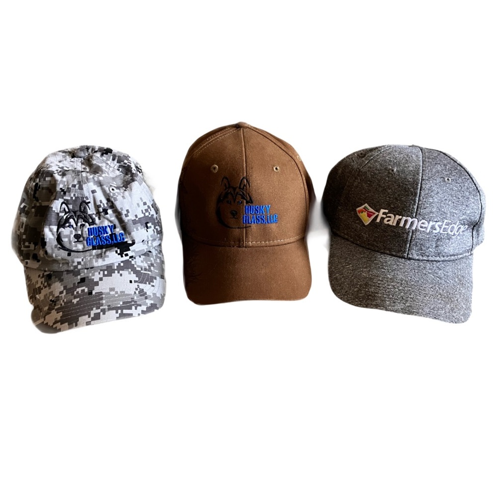 Hat Lot, #1 Gray Camo, #2 Brown Dri-Duck w/ Embroidery, #3 Gray, Velcro Adjust.